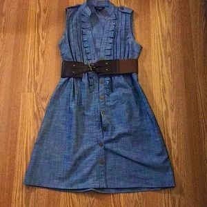 B smart blue dress with buttons and belt.